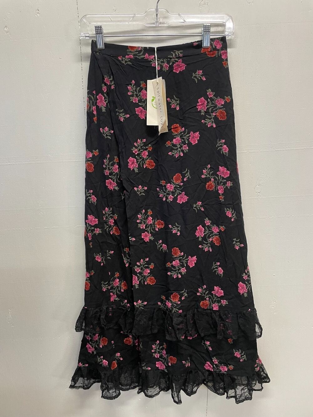 Salt Water Luxe Women's Midi Skirt Small Black Floral & Lace Side Split NWT